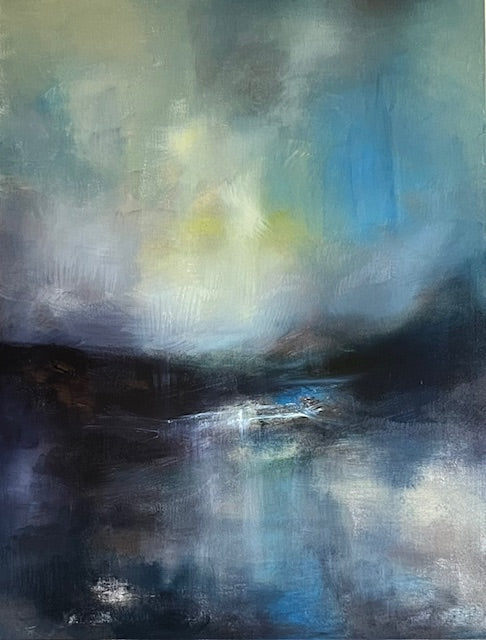 Abstract painting with a mix of blue, green, and yellow hues