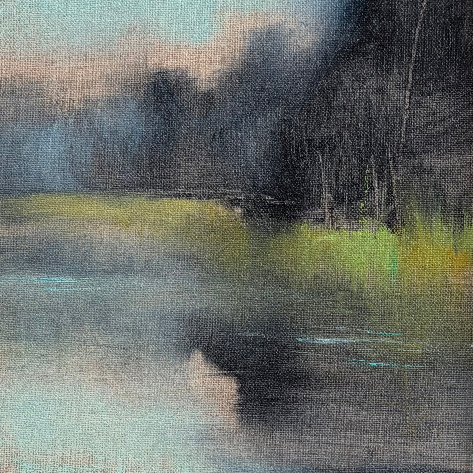 Abstract art with brush strokes in green, black, and grey