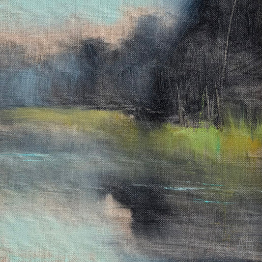 Abstract art with brush strokes in green, black, and grey