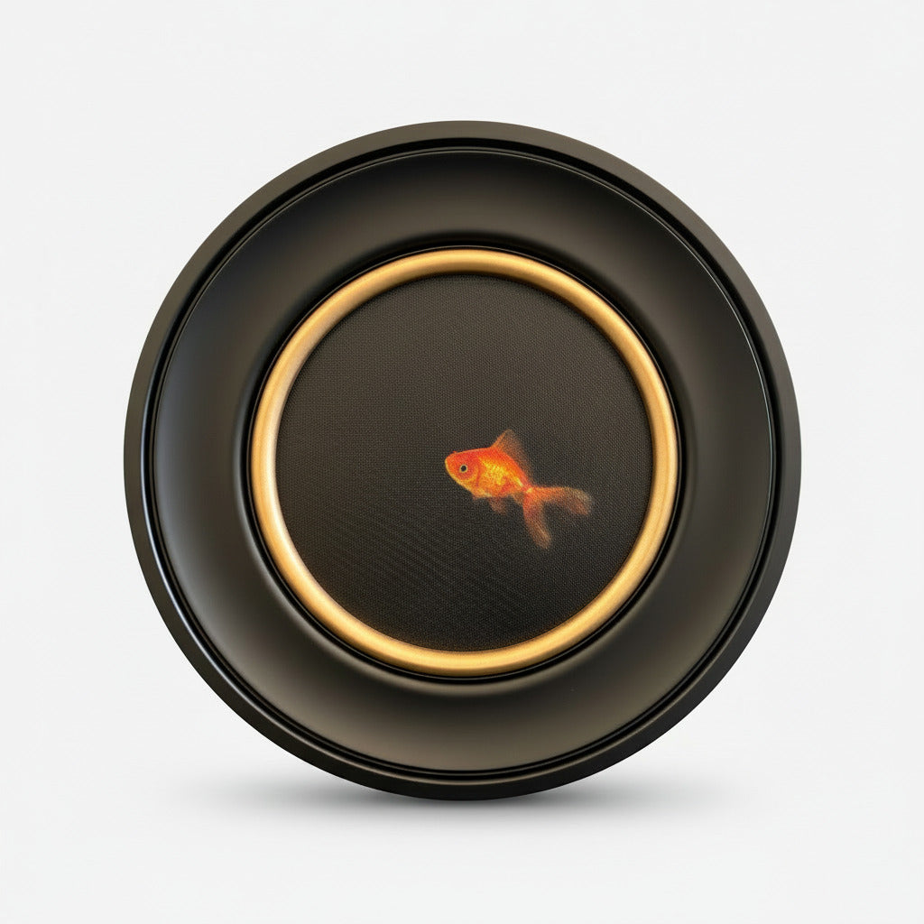 A round black decorative plate or tray featuring a gold-toned inner ring and a small orange goldfish illustration in the center, shown on a light gray background.