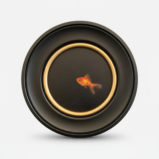 A round black decorative plate or tray featuring a gold-toned inner ring and a small orange goldfish illustration in the center, shown on a light gray background.