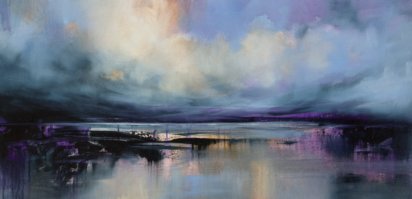 Artistic depiction of a dock with boats under a dramatic sky.