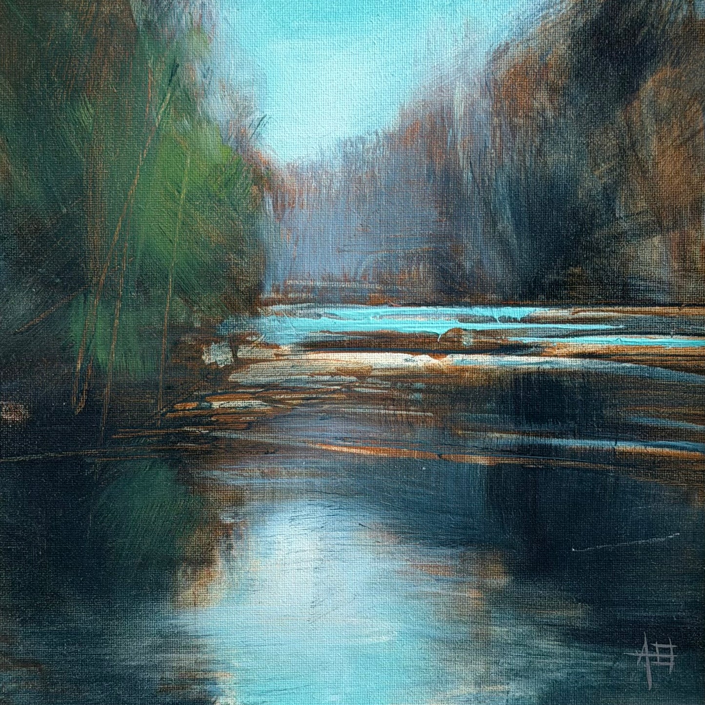 Abstract art with brush strokes in brown, black, and beige