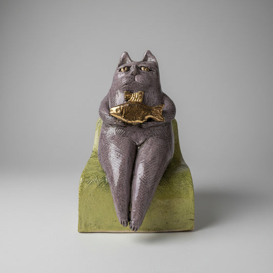 Decorative cermaic cat holding a golden fish on a white wall.