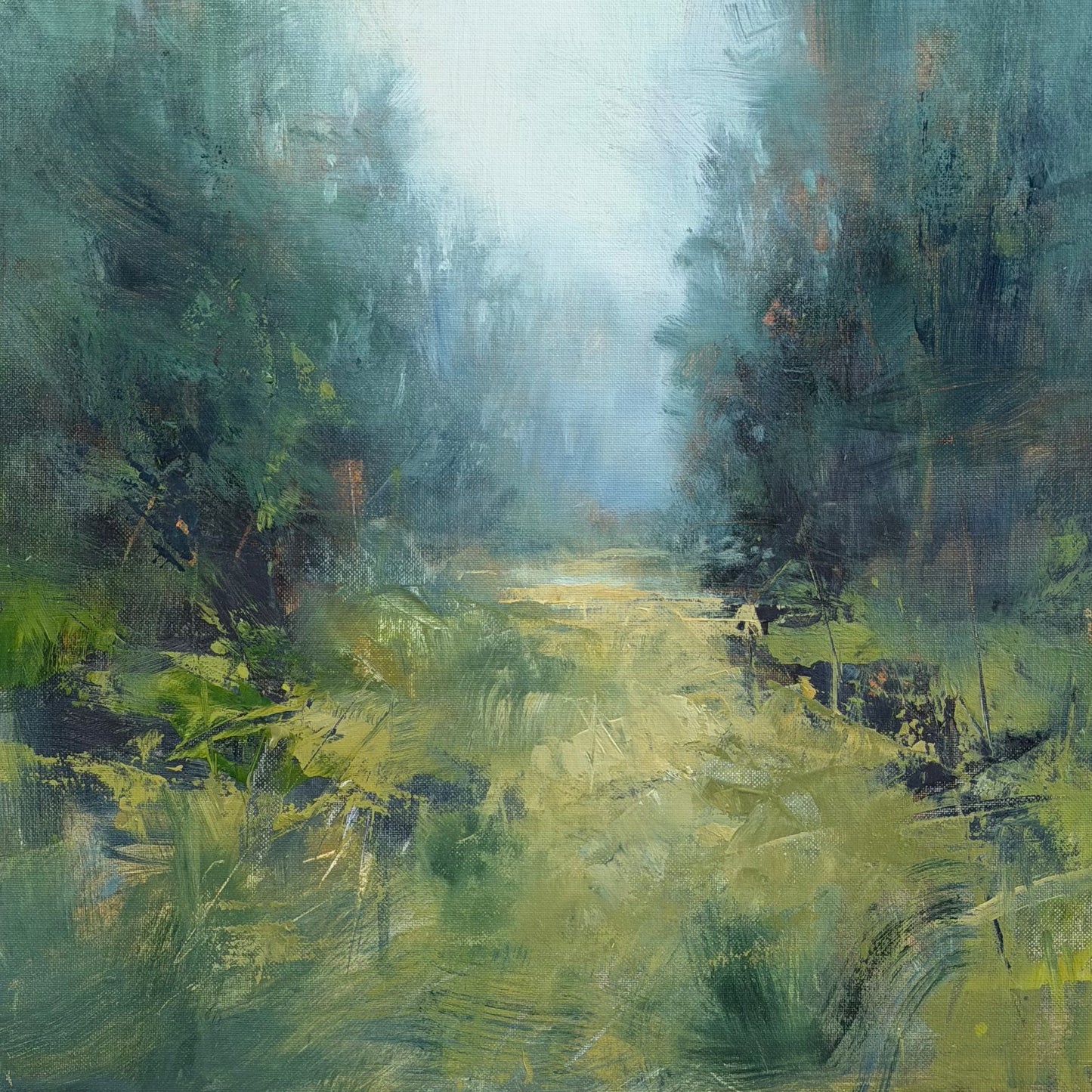 Painting of a forest path with green and brown tones