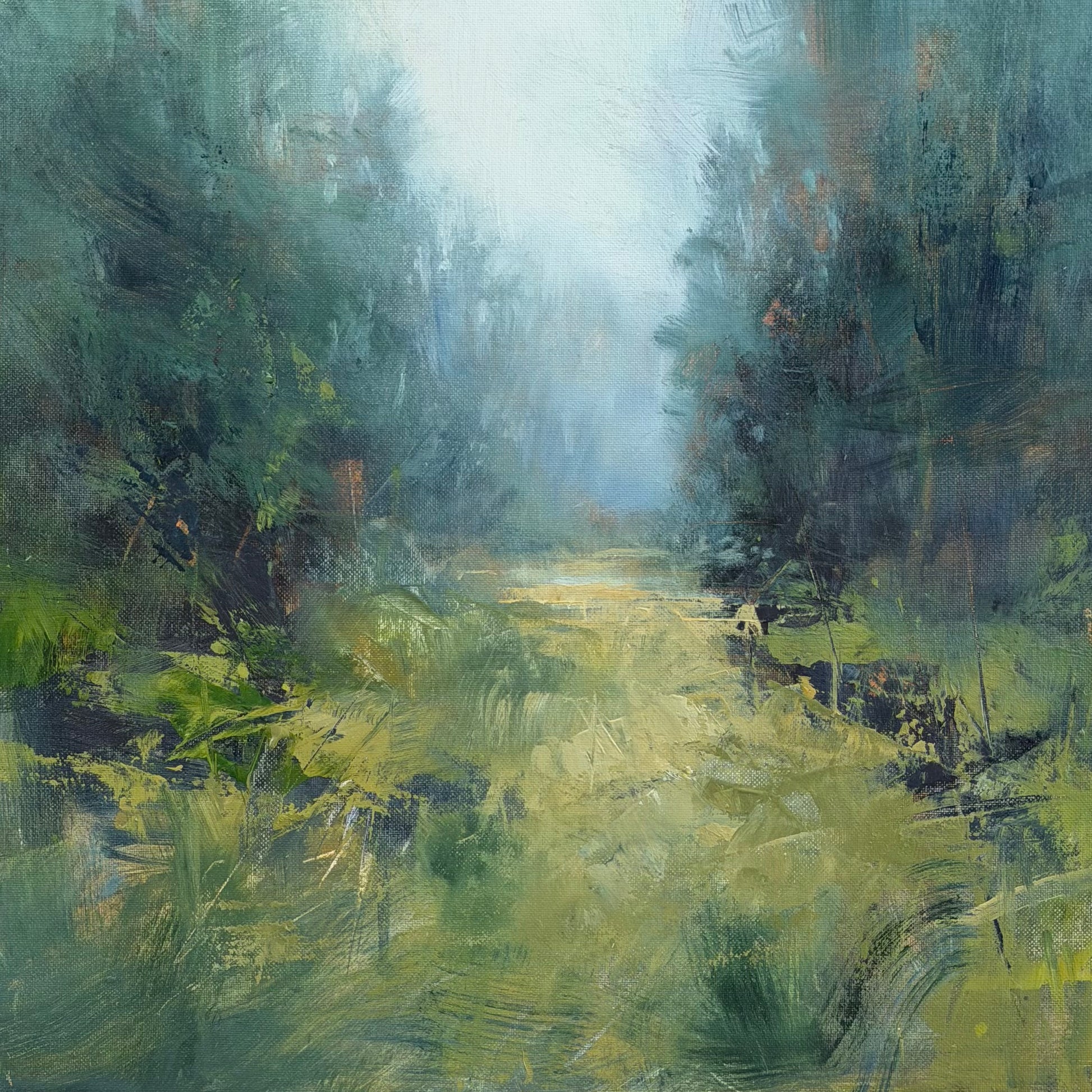 Painting of a forest path with green and brown tones