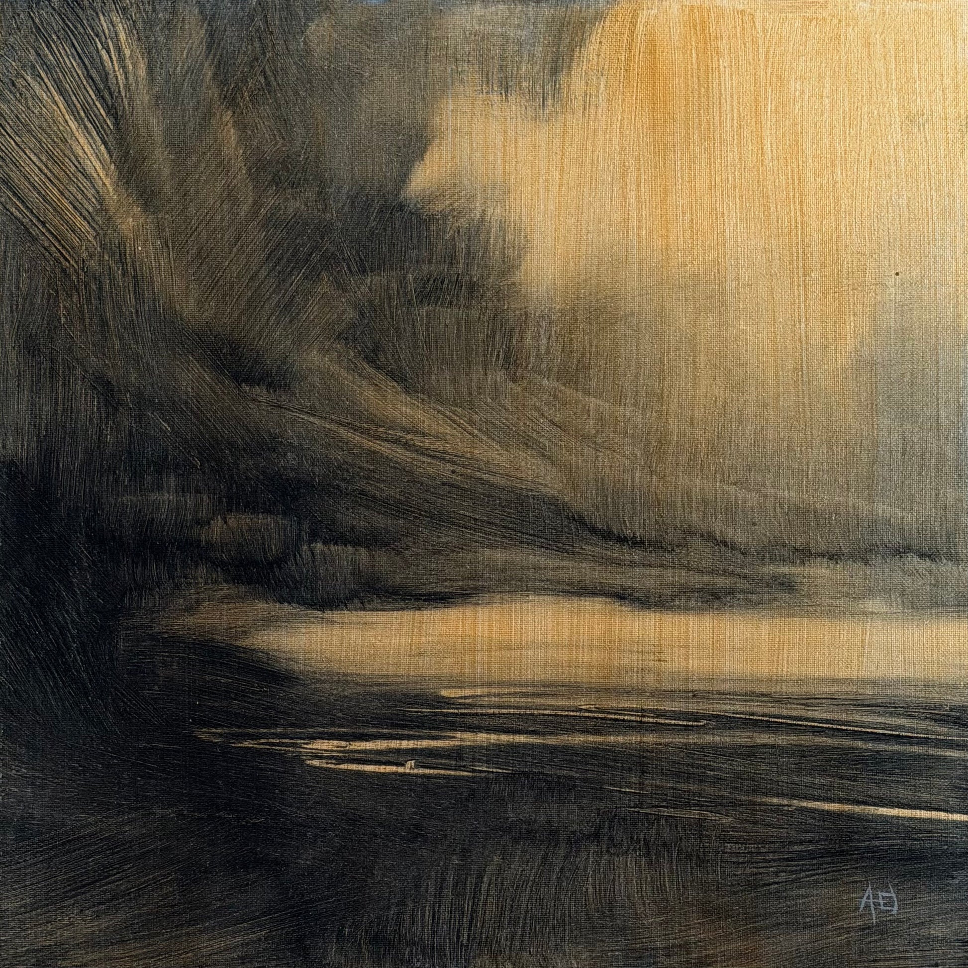 Abstract painting with dark and light brown brush strokes