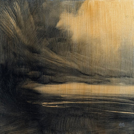 Abstract painting with dark and light brown brush strokes