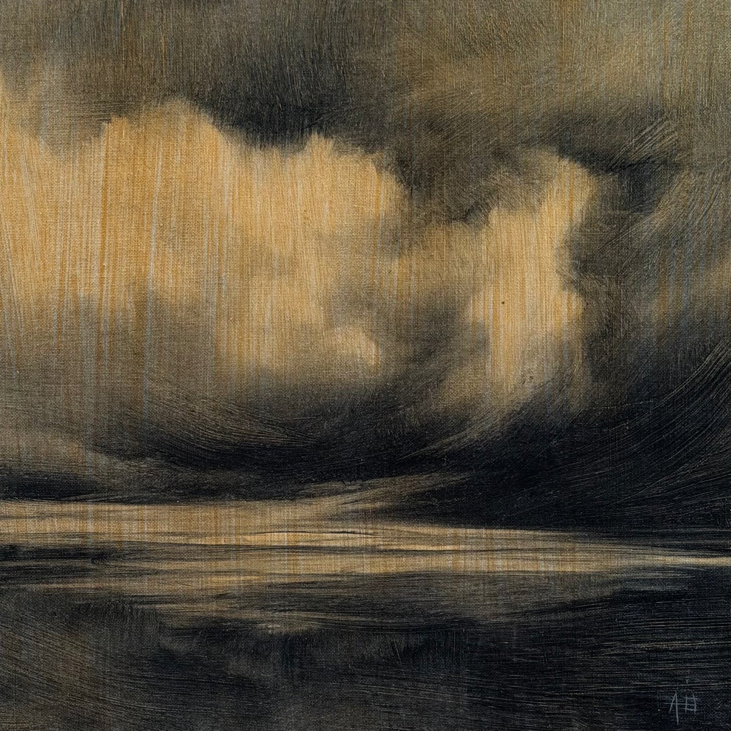Abstract painting with dark and light brown brush strokes