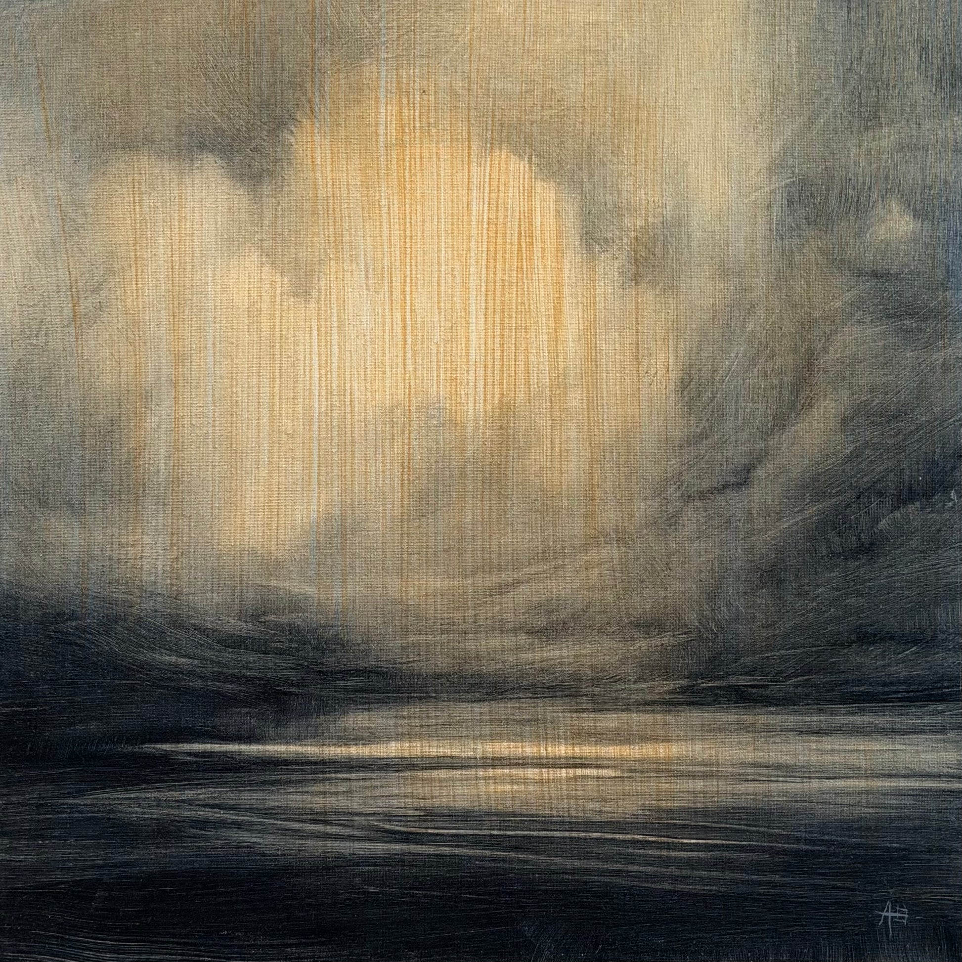 Abstract painting with dark and light brown brush strokes