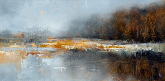 Abstract painting with gray, brown, and yellow tones