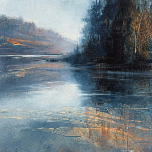 Abstract landscape painting with reflective water and trees