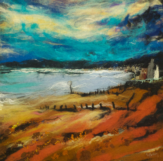An expressive coastal landscape painting featuring a dramatic blue and teal sky, white surf, dark shoreline, and a warm orange-brown beach in the foreground with a small village and tower on the right.