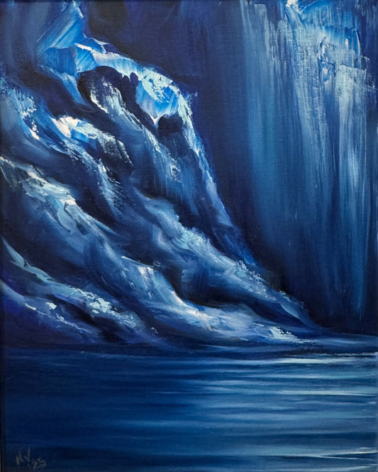 cropped abstract painting with blue and white brushstrokes