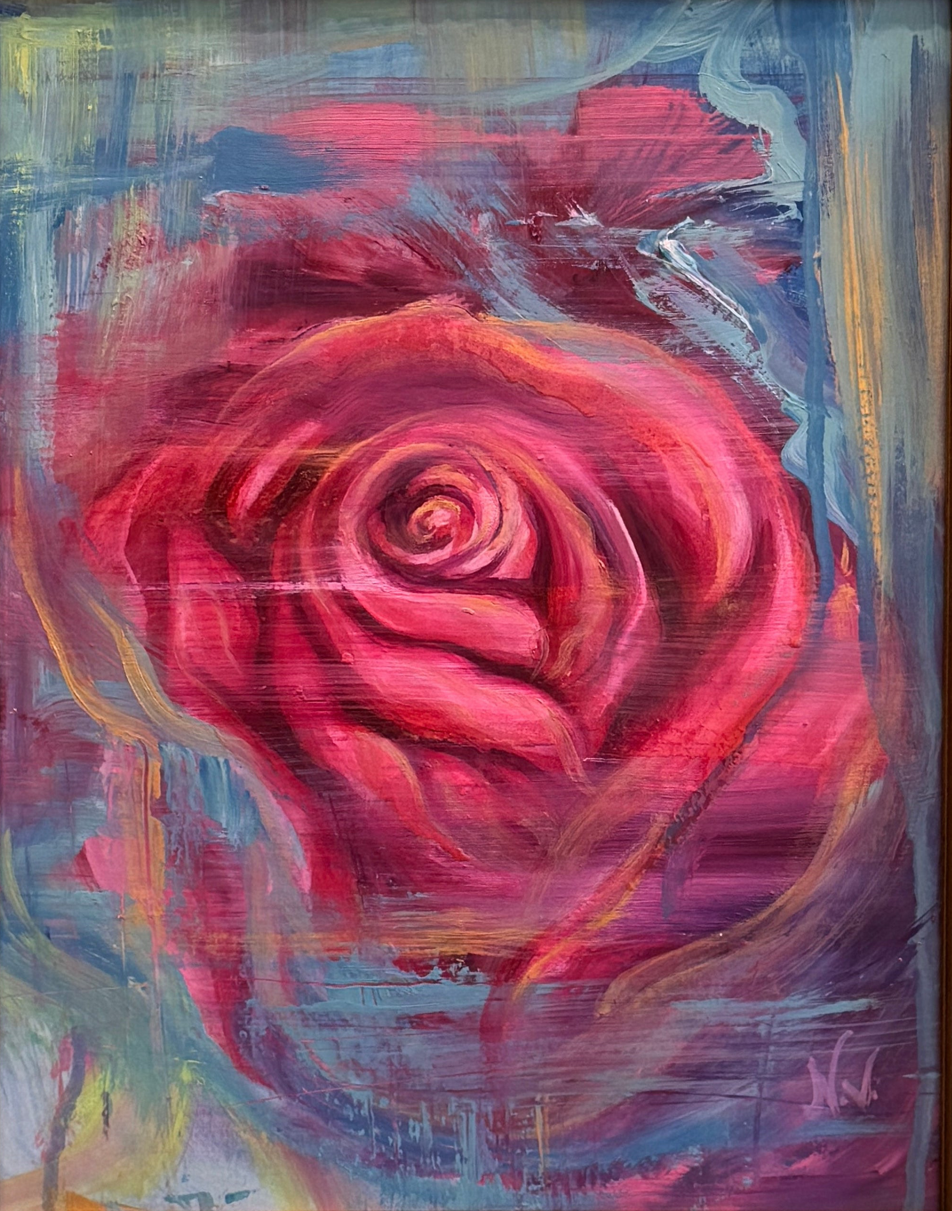 Abstract painting of a red rose with a colorful background