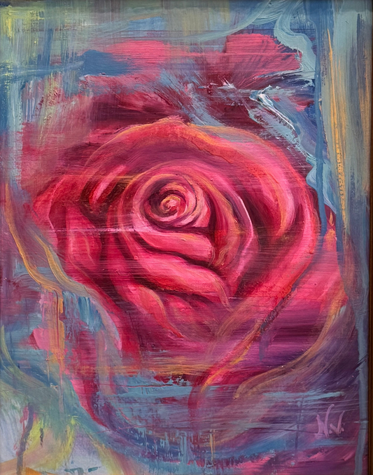 Abstract painting of a red rose with a colorful background