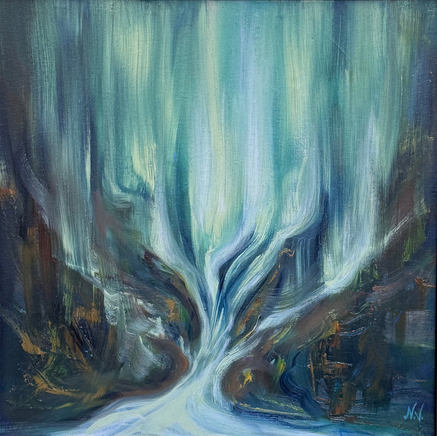 cropped abstract painting of a waterfall with wavy blue and green strokes