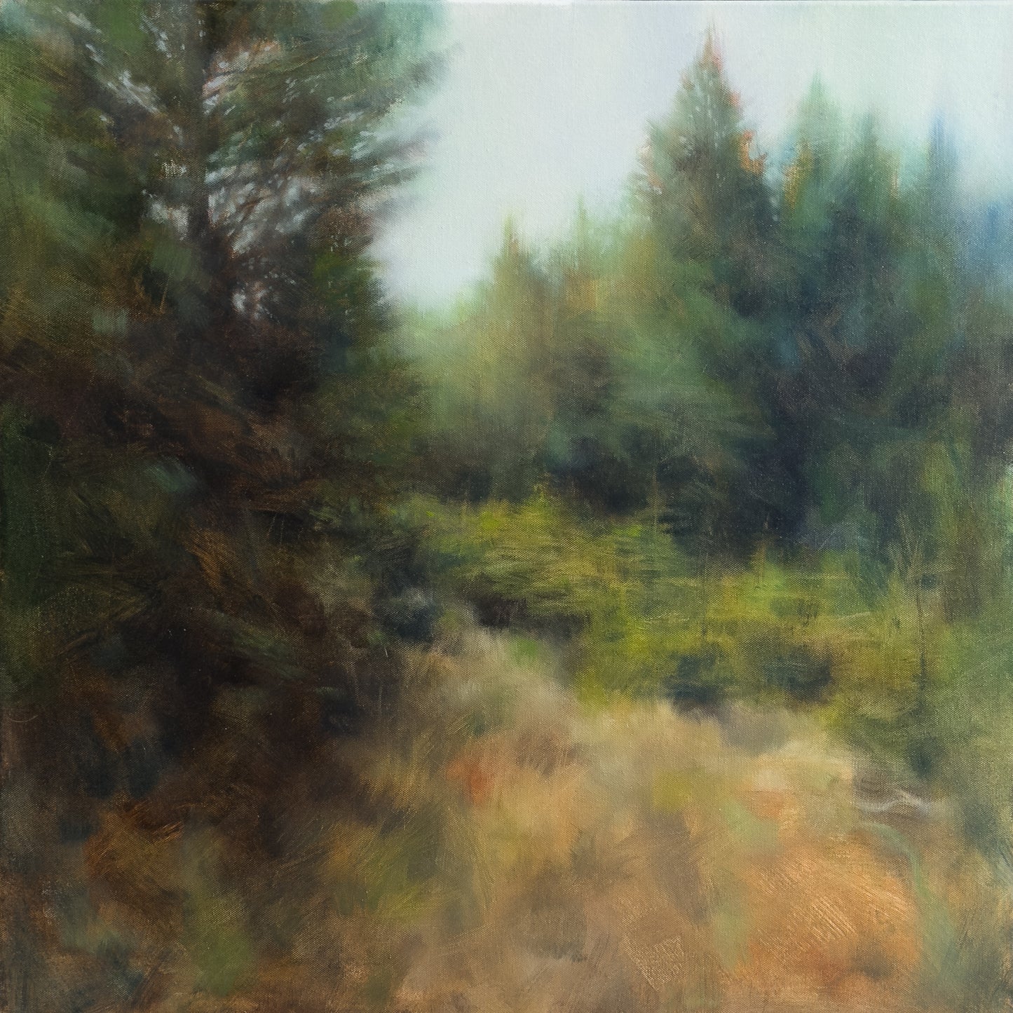 Painting of a forest scene with trees and underbrush