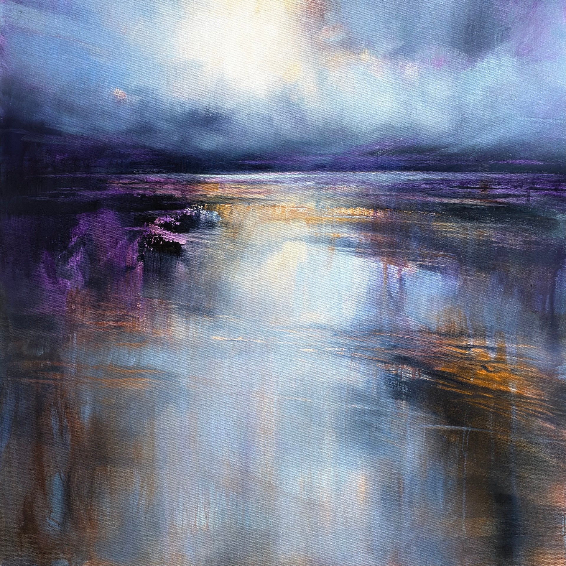 Abstract painting with a reflective surface and colorful brushstrokes