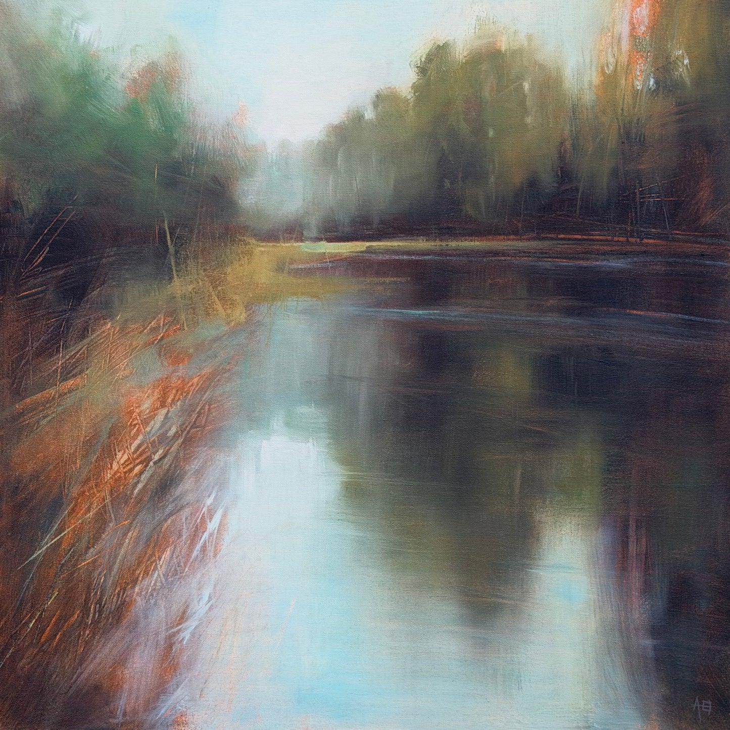 Painting of a serene landscape with a river, trees, and grass.