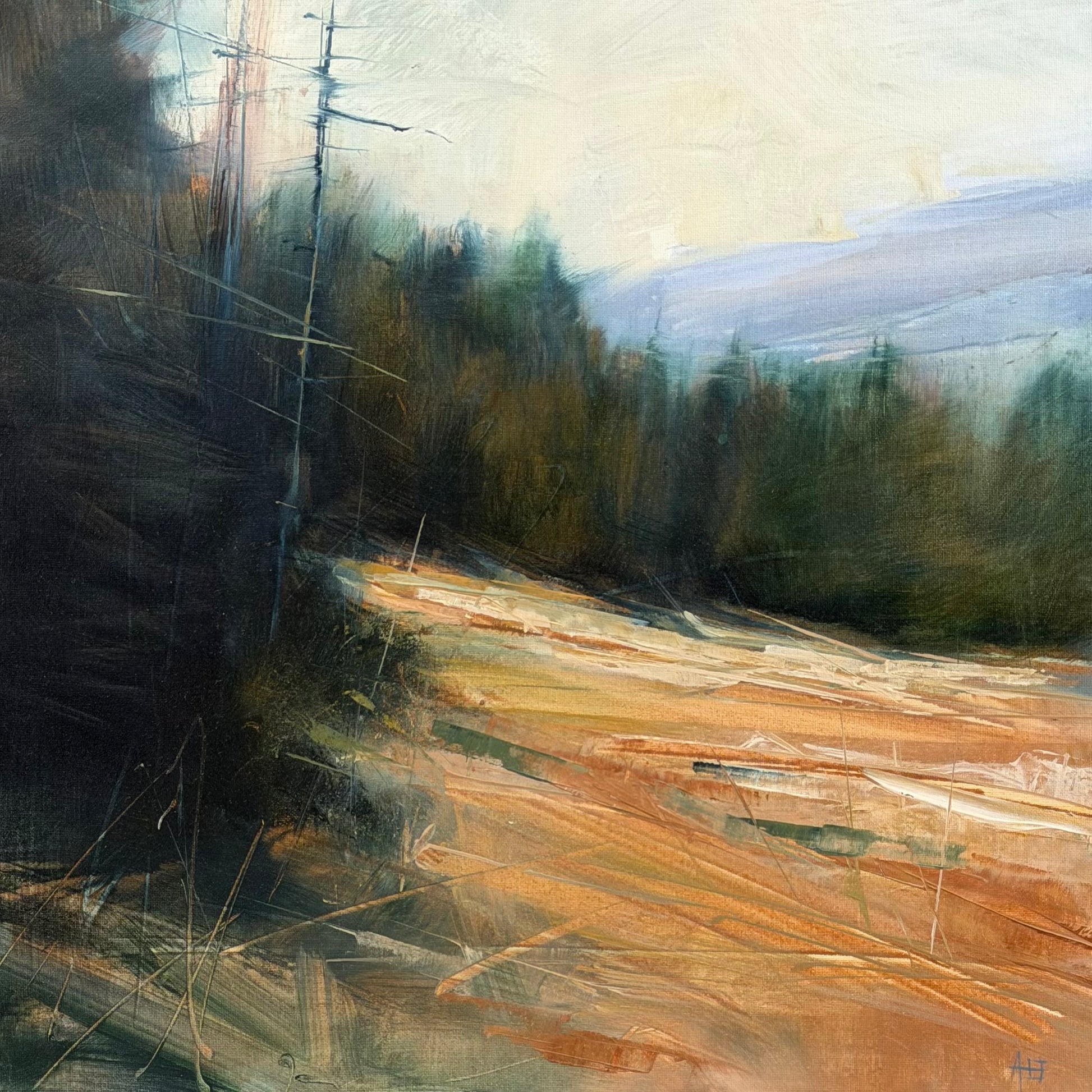 Abstract art with brush strokes in brown, black, and beige