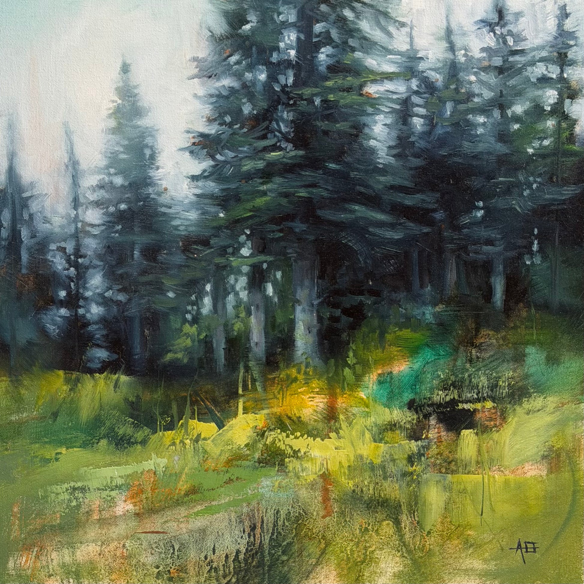 Abstract art with brush strokes in green.