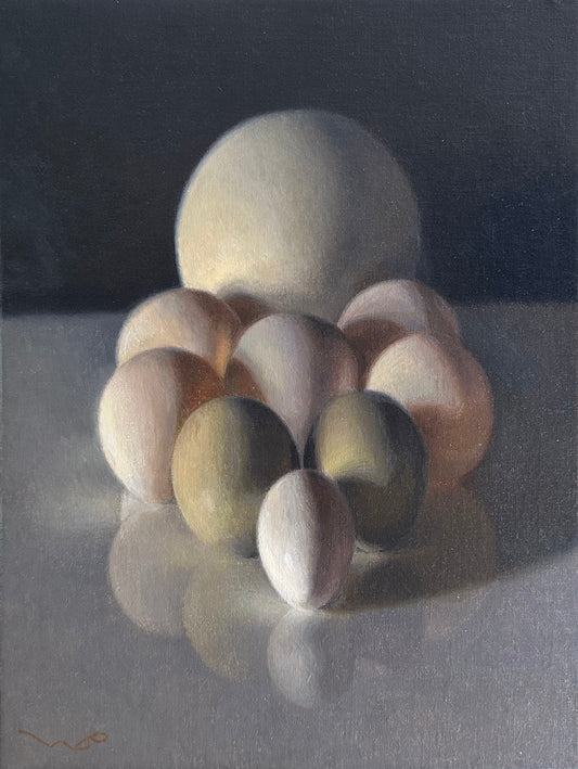 Still life painting of eggs on a reflective surface with a dark background