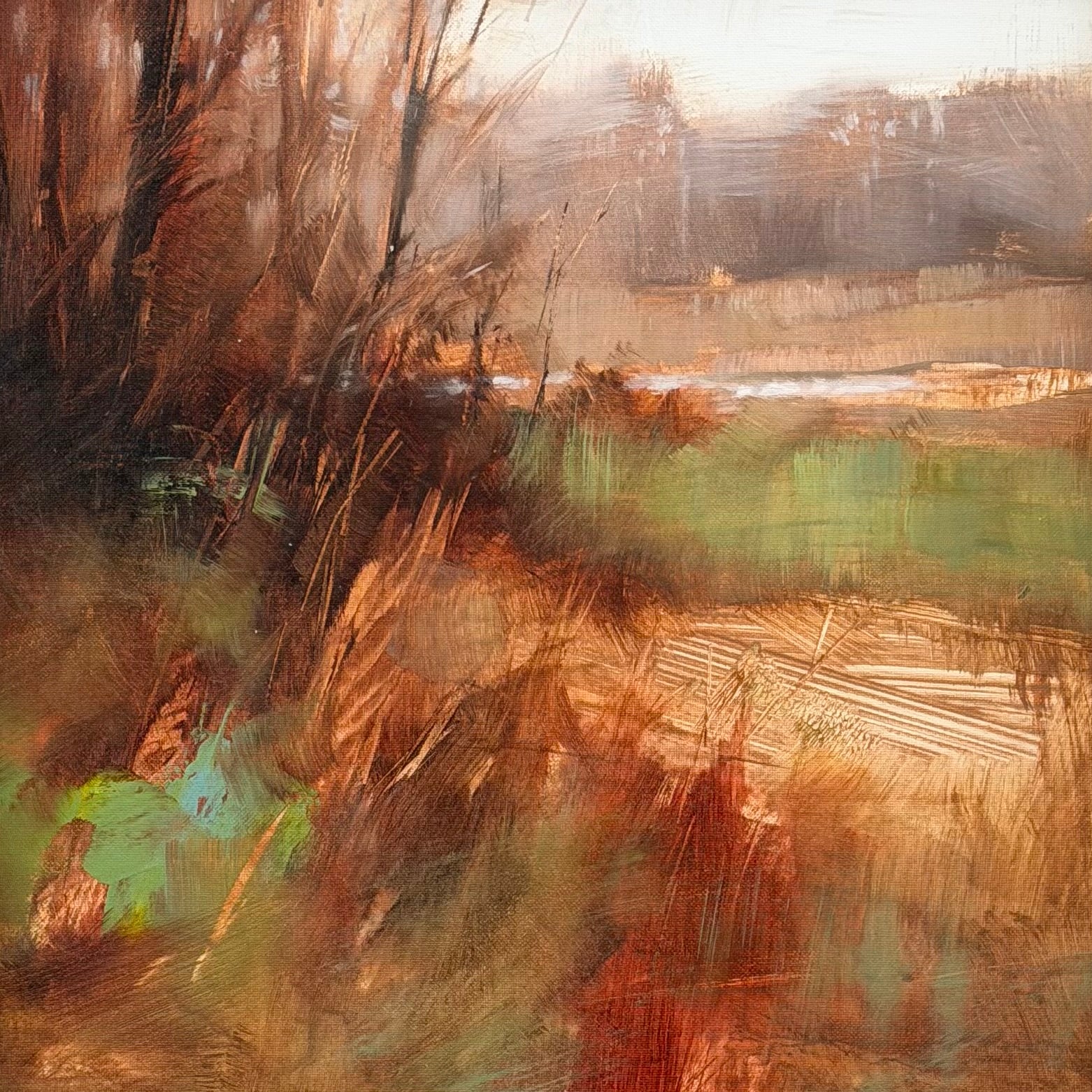Abstract art with brush strokes in brown, white, and green