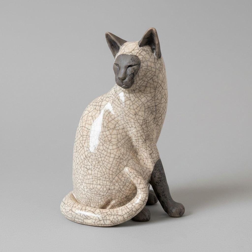 Ceramic cat figurine with a textured surface on a white surface.