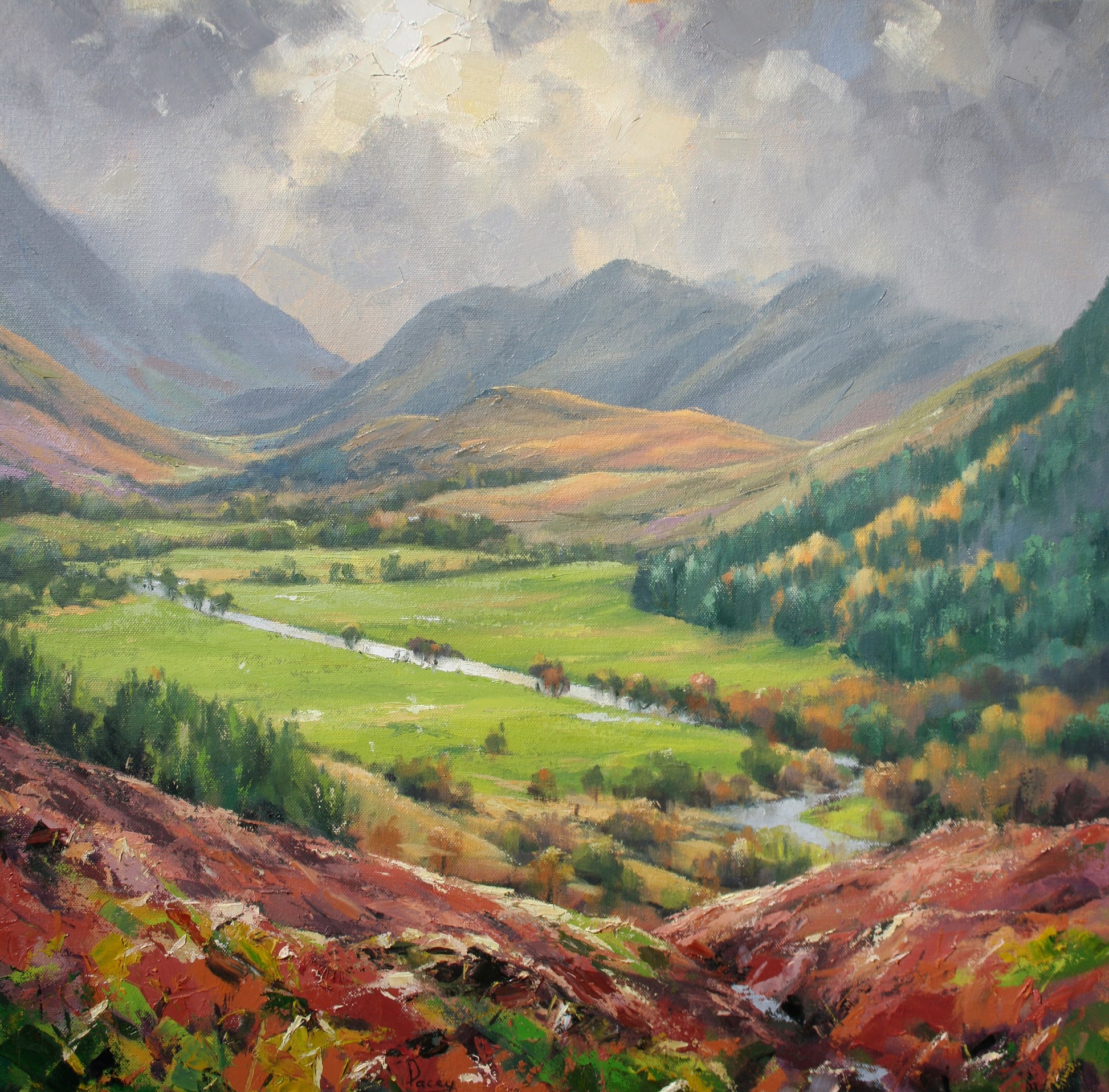 Painting of a mountainous landscape with a river and green fields.