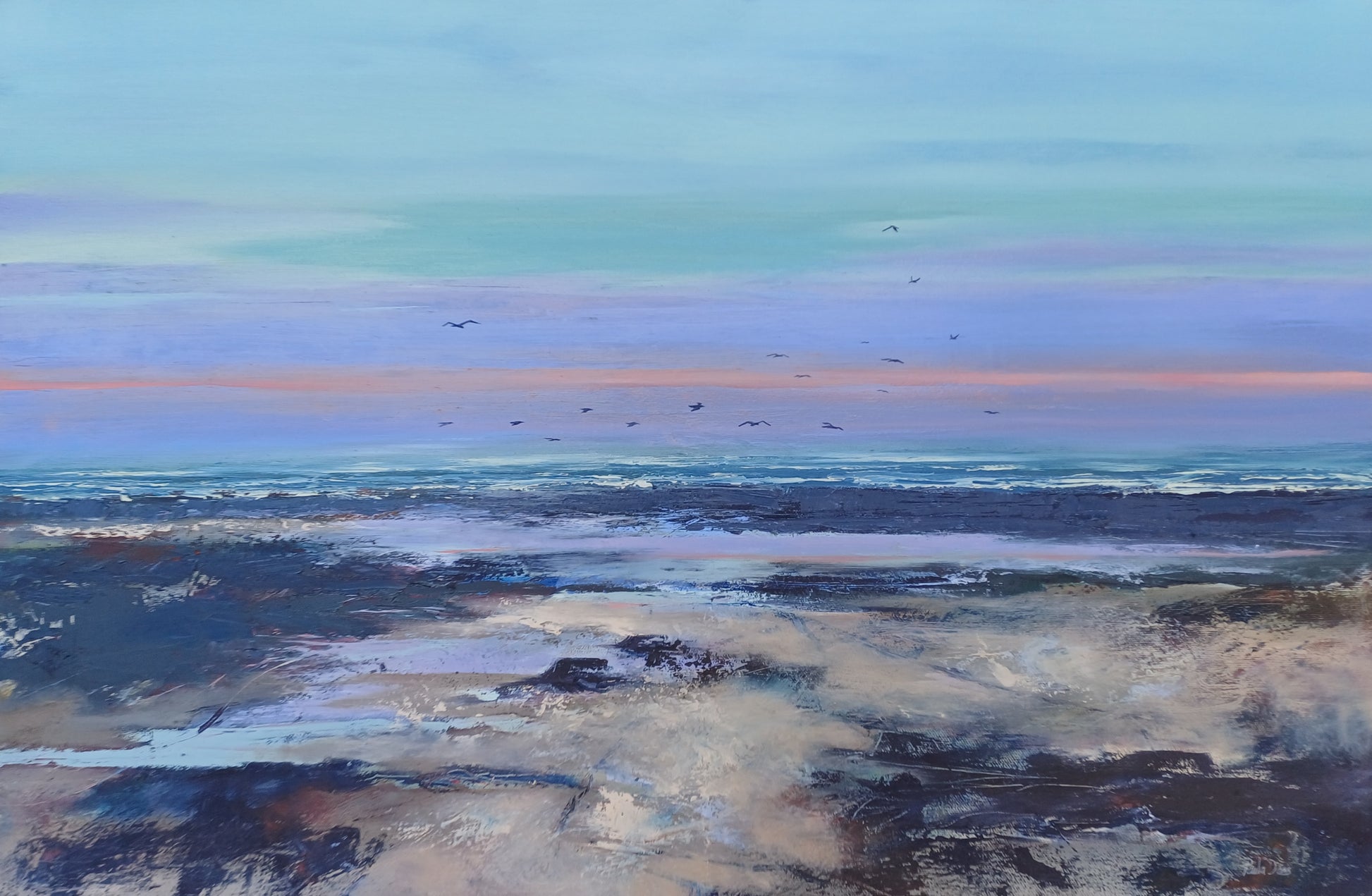 An impressionistic landscape painting of a coastal scene, featuring a calm sea under a pastel sky with soft blue, purple, pink, and beige tones, with small birds flying above the horizon.