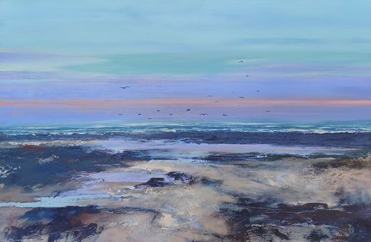 An impressionistic landscape painting of a coastal scene, featuring a calm sea under a pastel sky with soft blue, purple, pink, and beige tones, with small birds flying above the horizon.