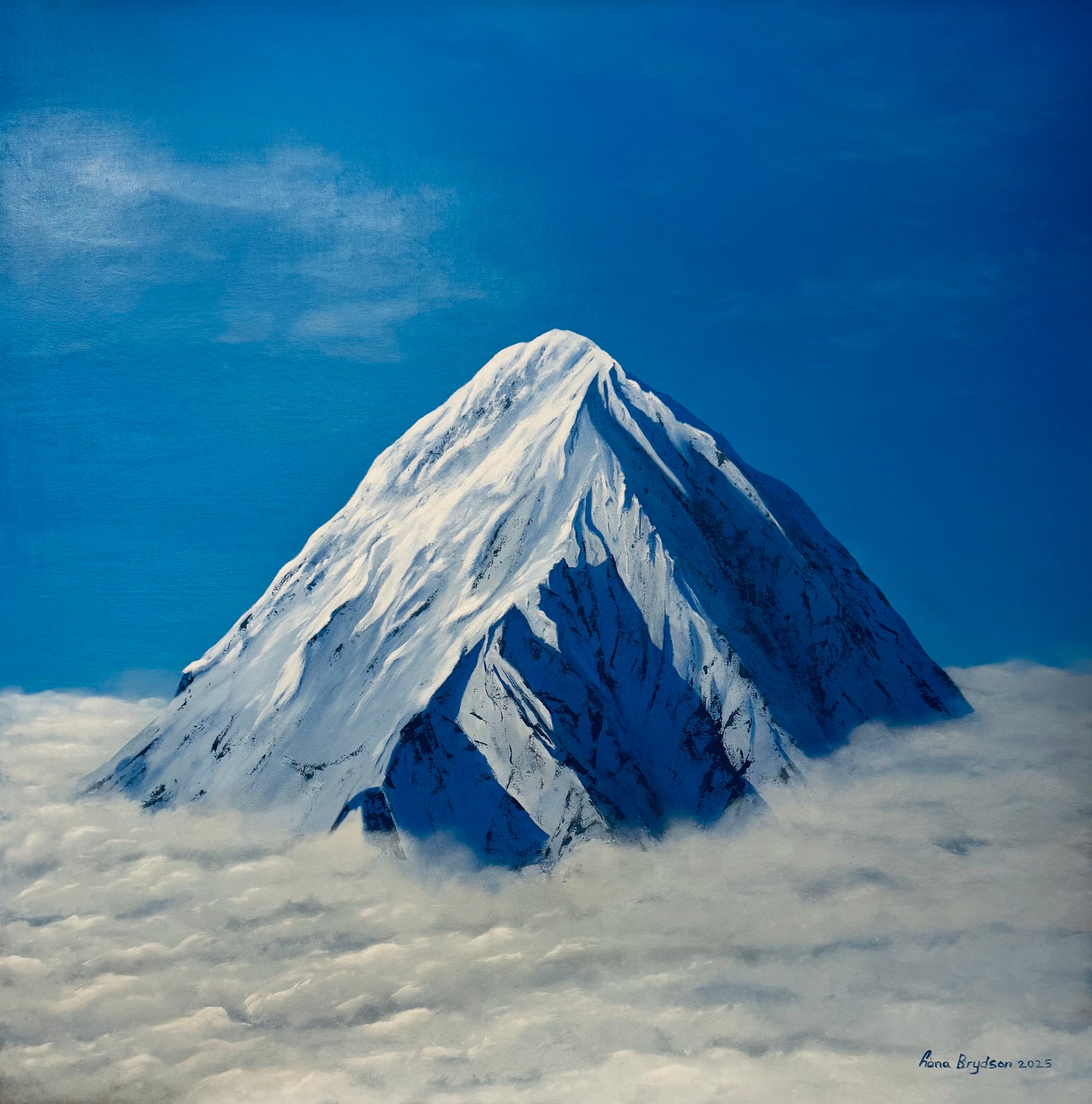 Snow-capped Pumori mountain peak emerging from clouds with a clear blue sky. Painted by Fiona Brydson. Oil on Board measuring 61 x 61cm framed.