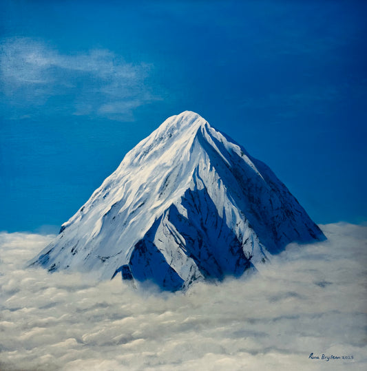 Snow-capped Pumori mountain peak emerging from clouds with a clear blue sky. Painted by Fiona Brydson. Oil on Board measuring 61 x 61cm framed.