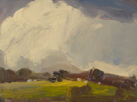 An impressionistic landscape painting featuring a dramatic, textured sky with swirling brushstrokes of gray, white, and blue, above a field of bright yellow-green grass and dark brown tree silhouettes.