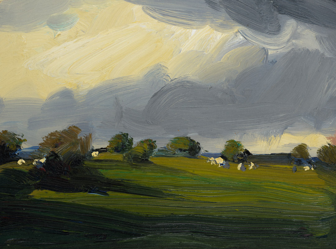 An impressionistic landscape painting featuring a dramatic cloudy sky in gray and pale yellow tones over a green field with scattered trees and grazing sheep.