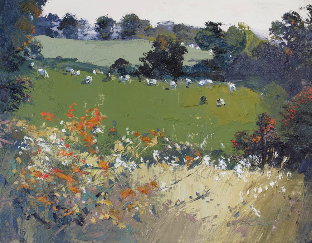 Impressionistic landscape painting of a green field with grazing white sheep, dark trees, and foreground wildflowers in orange, white, and yellow tones.