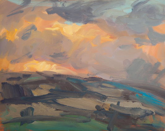 An impressionistic landscape painting featuring a dramatic sky with swirling brushstrokes of gray, beige, orange, and yellow, above dark landforms and a bright blue-green streak near the bottom.