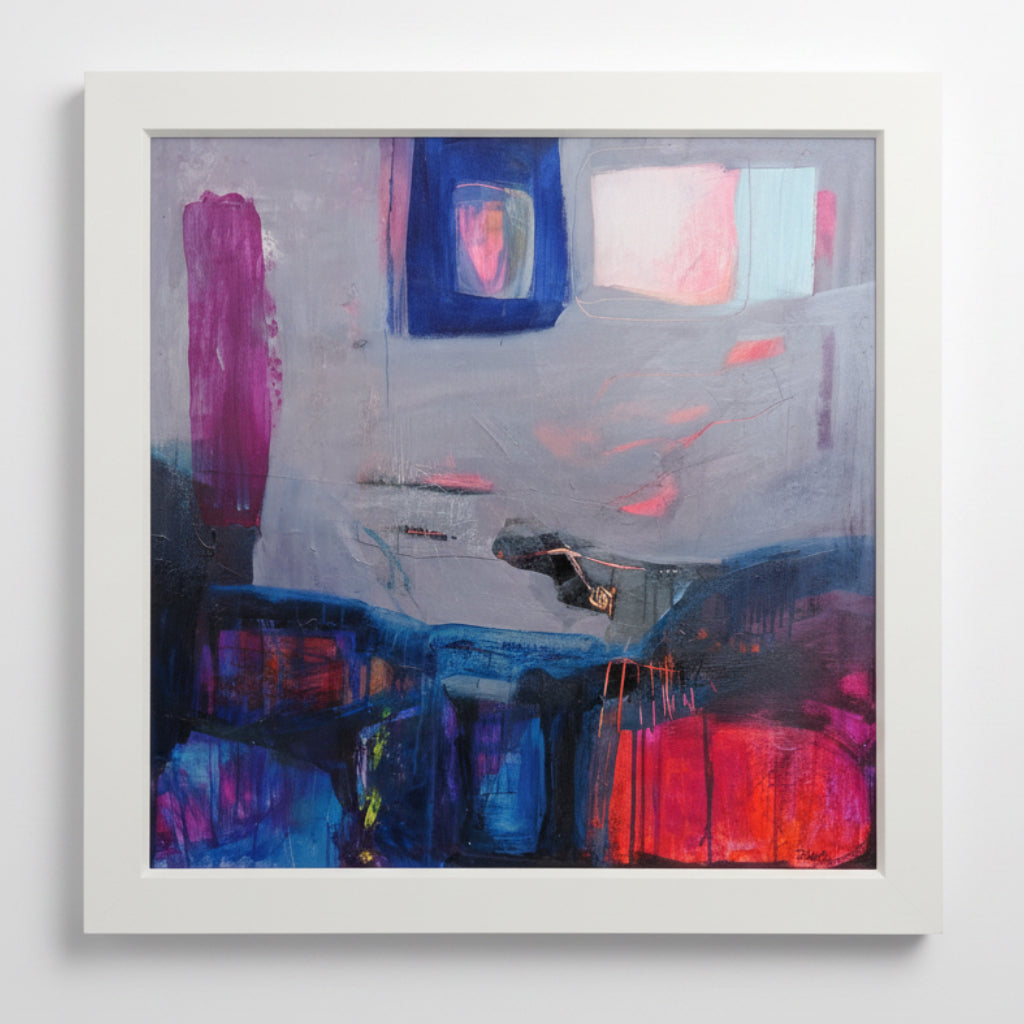 Framed abstract artwork with colorful shapes