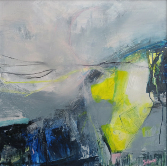 Abstract painting with a prominent yellow shape on a gray background