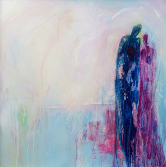 Abstract artwork with blue and pink brush strokes on a light background