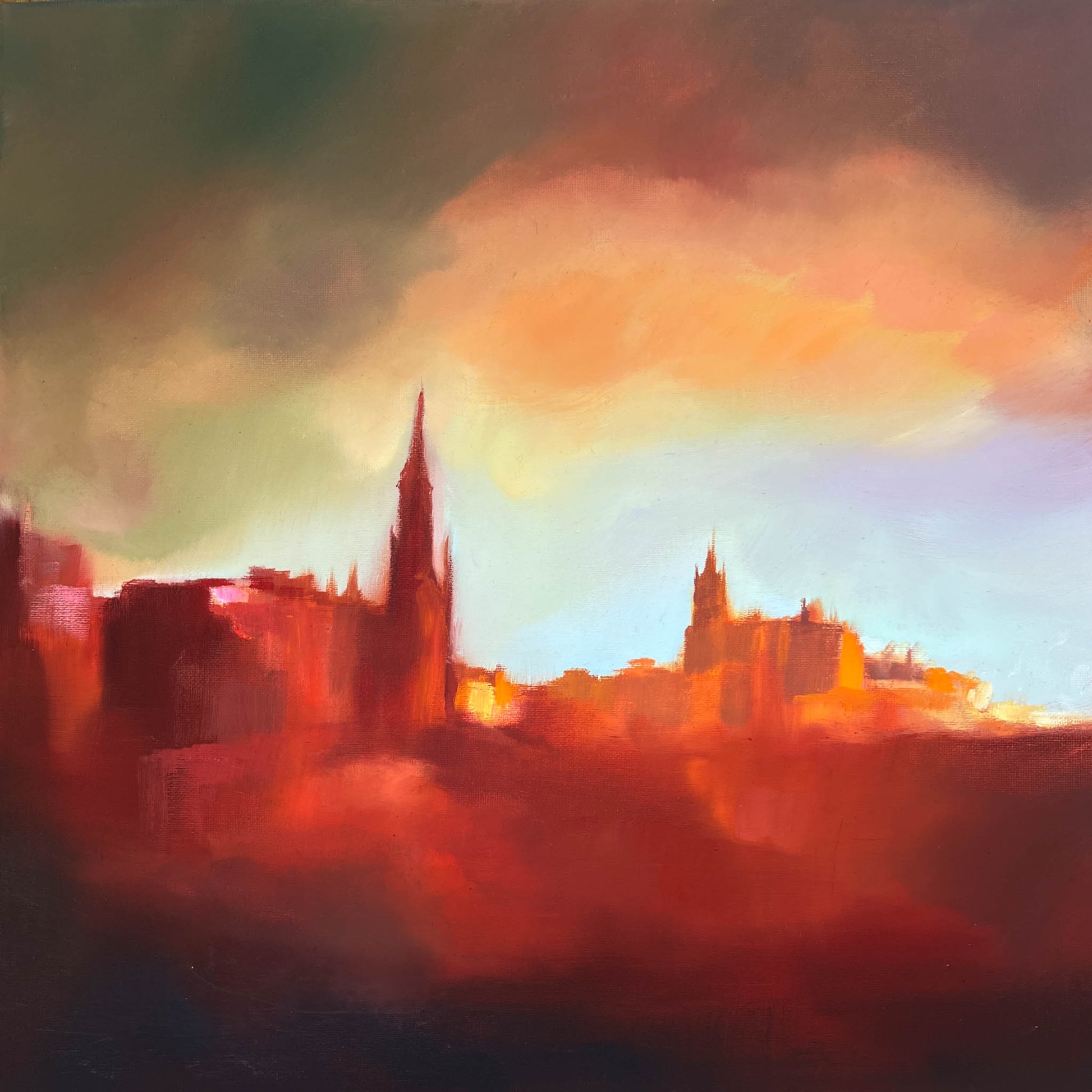 An impressionistic painting of a city skyline at sunset, featuring silhouetted spires and buildings in deep red, orange, and brown tones against a glowing sky with yellow, peach, and pale blue hues.