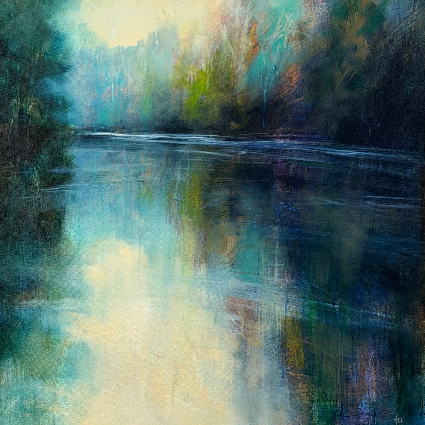 Abstract painting of a landscape with water and trees