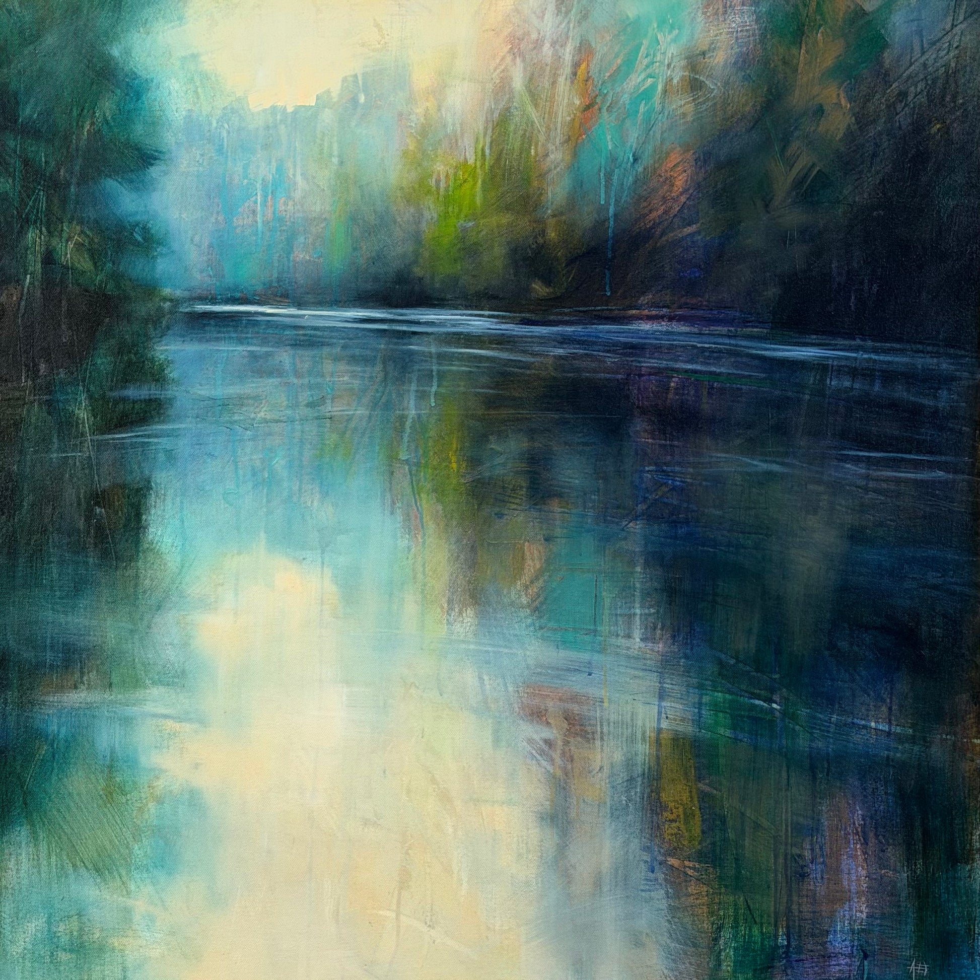 Abstract painting of a landscape with water and trees