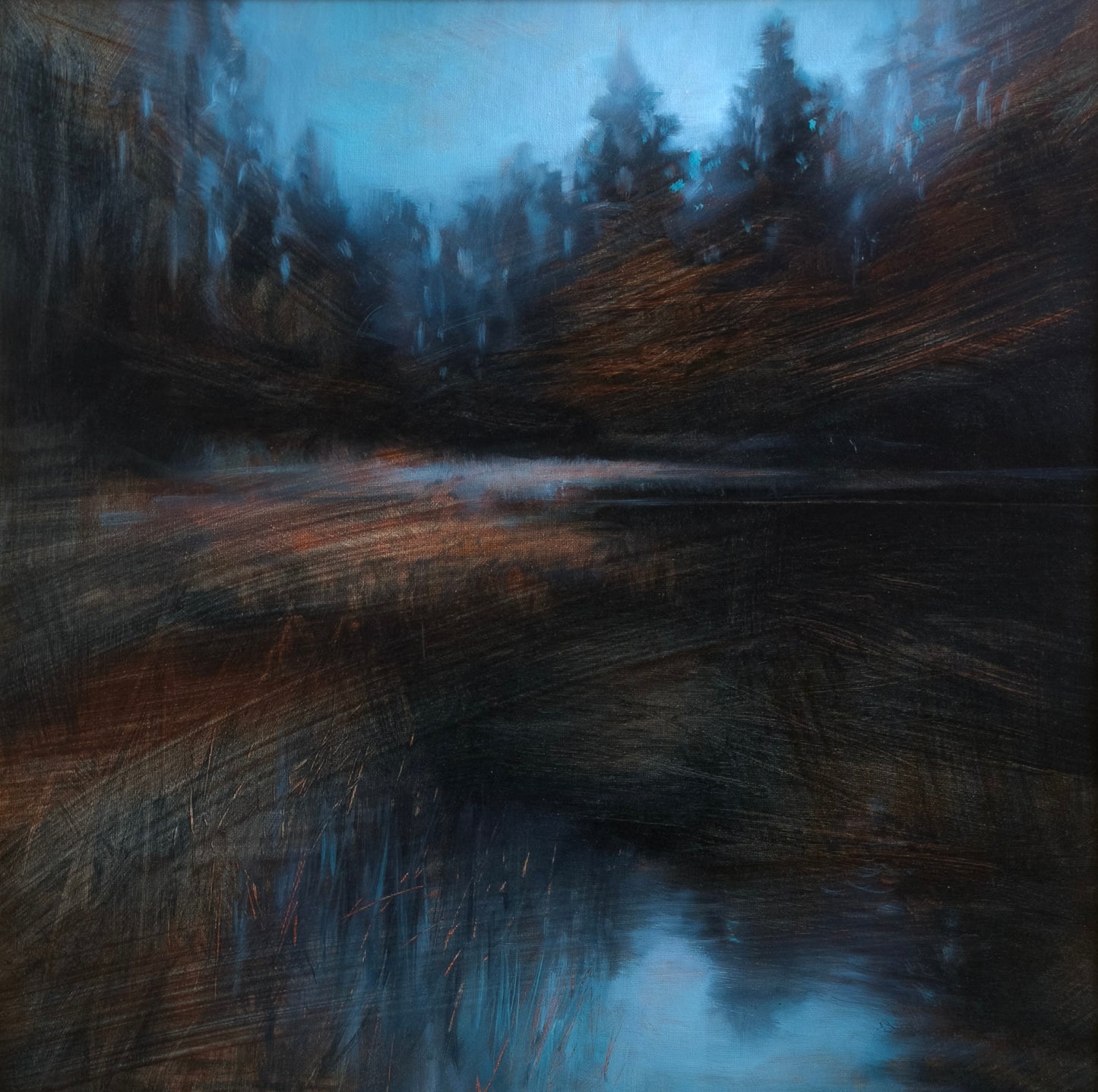 Dark forest scene with a body of water reflecting trees