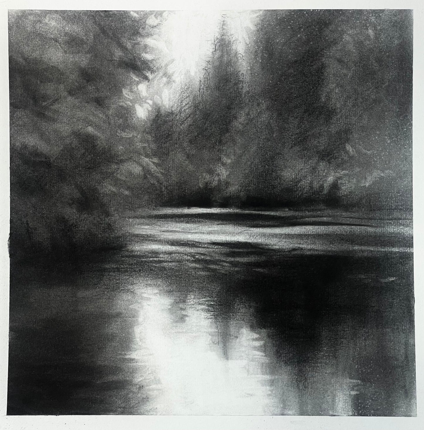 Pencil drawing of a forest scene with a river