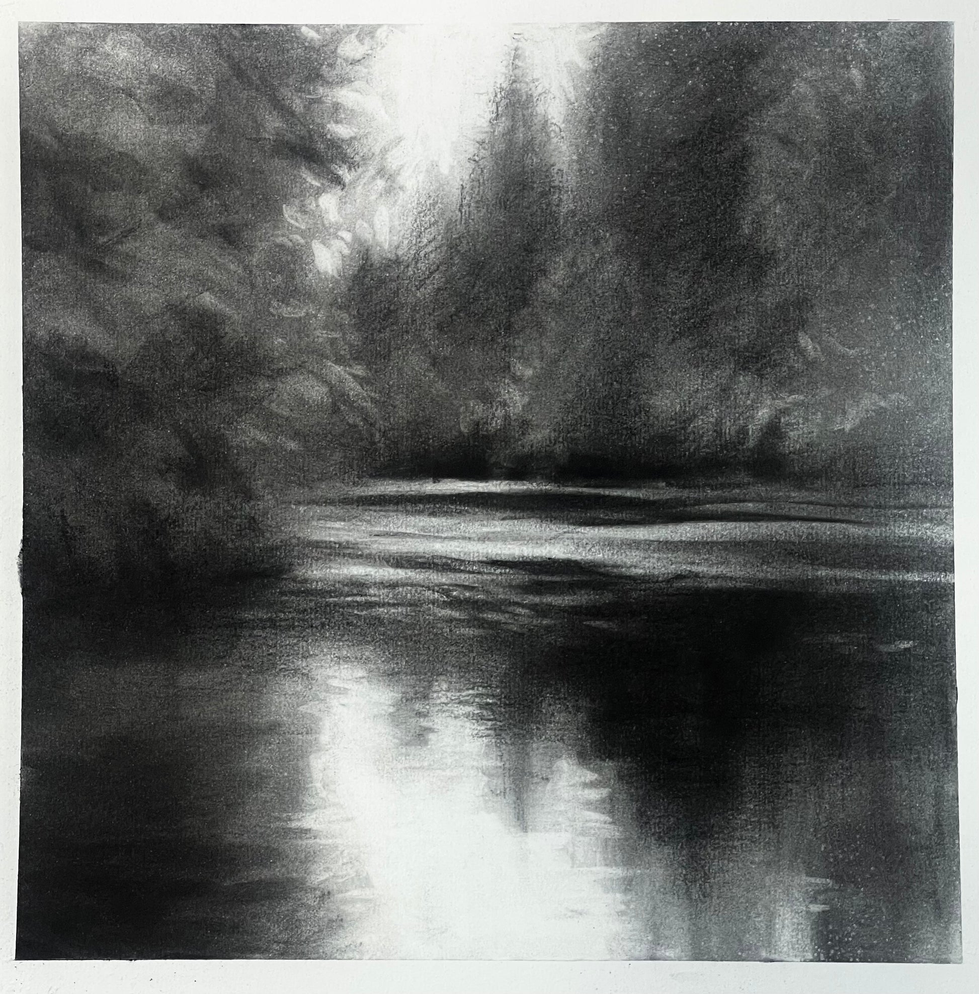 Pencil drawing of a forest scene with a river