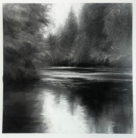 Pencil drawing of a forest scene with a river