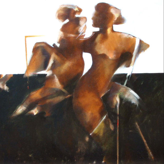 Abstract painting of two figures in a dynamic pose on a white background