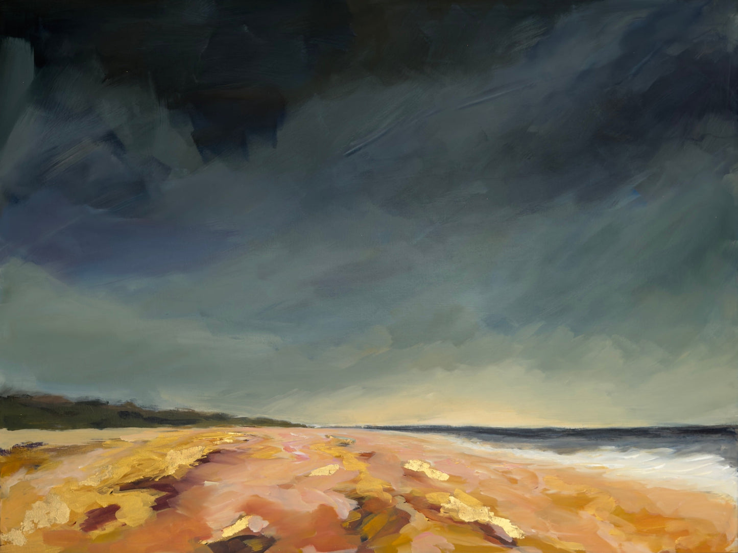 An impressionistic landscape painting of a beach under a dramatic stormy sky, with warm sandy tones in the foreground and dark blue-gray clouds dominating the upper half.